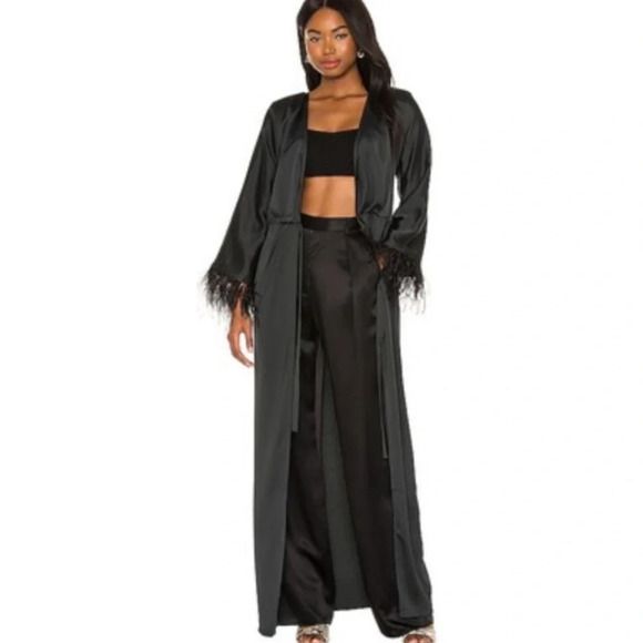 Michael Costello x REVOLVE Feather Trim Wrap Dress in Black - Picture 2 of 13